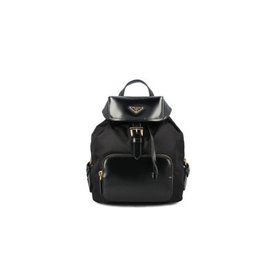 PRADA MEDIUM RE-NYLON AND BRUSHED LEATHER BACKPACK BLACK 1BZ074 (25*20.5*11.5cm)